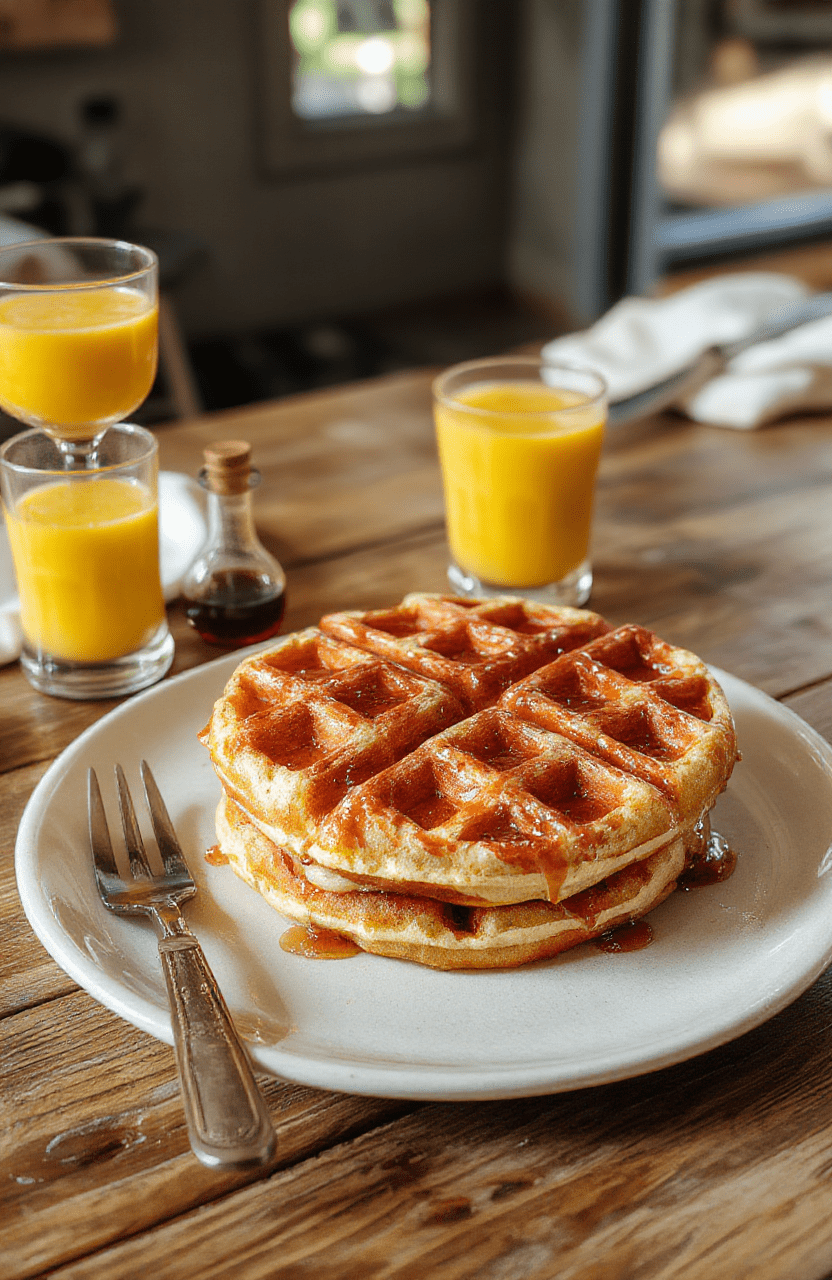 Golden-brown, thick Belgian waffles with deep pockets, drizzled with maple syrup and topped with fresh blueberries, whipped cream, and a dusting of powdered sugar, sits on a rustic wooden board beside a steaming mug of coffee and a bowl of mixed berries.