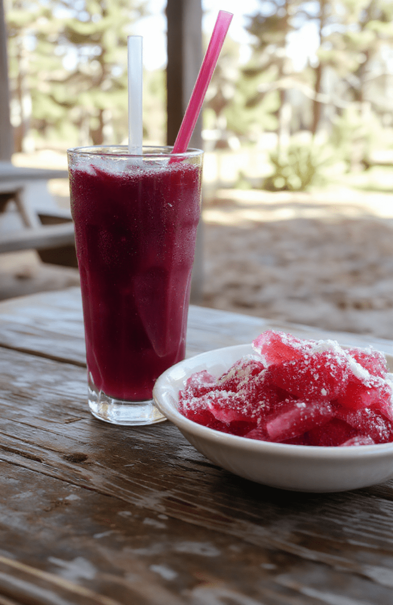 A frosty blue cherry Coke slushie in a clear plastic tumbler with condensation droplets, topped with a swirl of whipped cream and a maraschino cherry, resting on a wooden picnic table beside a campfire and a worn copy of The Lightning Thief.
