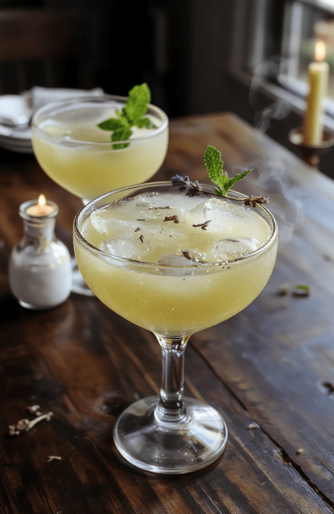 A frosty margarita in a salt-rimmed glass sitting on a dark wood table under candlelight, with一抹 glowing pink hue, smoky fog effects, and a sprinkle of edible glitter on the rim, evoking magical night ambiance.