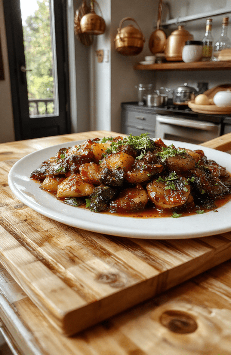 A beautifully arranged, layered vegetable gratin of eggplant, zucchini, and tomatoes, baked golden at the edges, garnished with fresh thyme sprigs and a drizzle of olive oil, served on a rustic ceramic plate against a warm, rustic-kitchen backdrop.