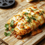 Two golden-brown, slightly blistered corn tortilla enchiladas topped with melted white queso fresco, glossy red enchilada sauce, and garnished with fresh cilantro, thin red onion slices, and a small dollop of sour cream on a rustic wooden board, soft natural light casting gentle shadows.