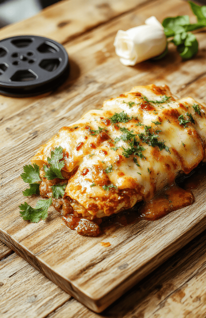 Two golden-brown, slightly blistered corn tortilla enchiladas topped with melted white queso fresco, glossy red enchilada sauce, and garnished with fresh cilantro, thin red onion slices, and a small dollop of sour cream on a rustic wooden board, soft natural light casting gentle shadows.