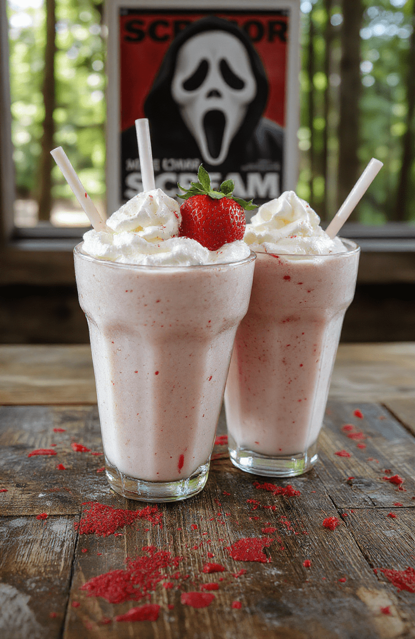 Classic glass milkshake with vibrant pink strawberry shake, whipped cream peak, red cherry on top, and Ghostface knife prop leaning against the glass rim against a dark cinematic backdrop with subtle movie poster textures.