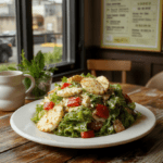 A vibrant, heaping portion of The Big Salad served in a simple white bowl on a wooden table, with crisp romaine leaves, bright red tomato slices, juicy cucumber rounds, golden onion rings, black olives, shredded cheddar cheese, and a drizzle of pale yellow dressing — fresh, colorful, and inviting.