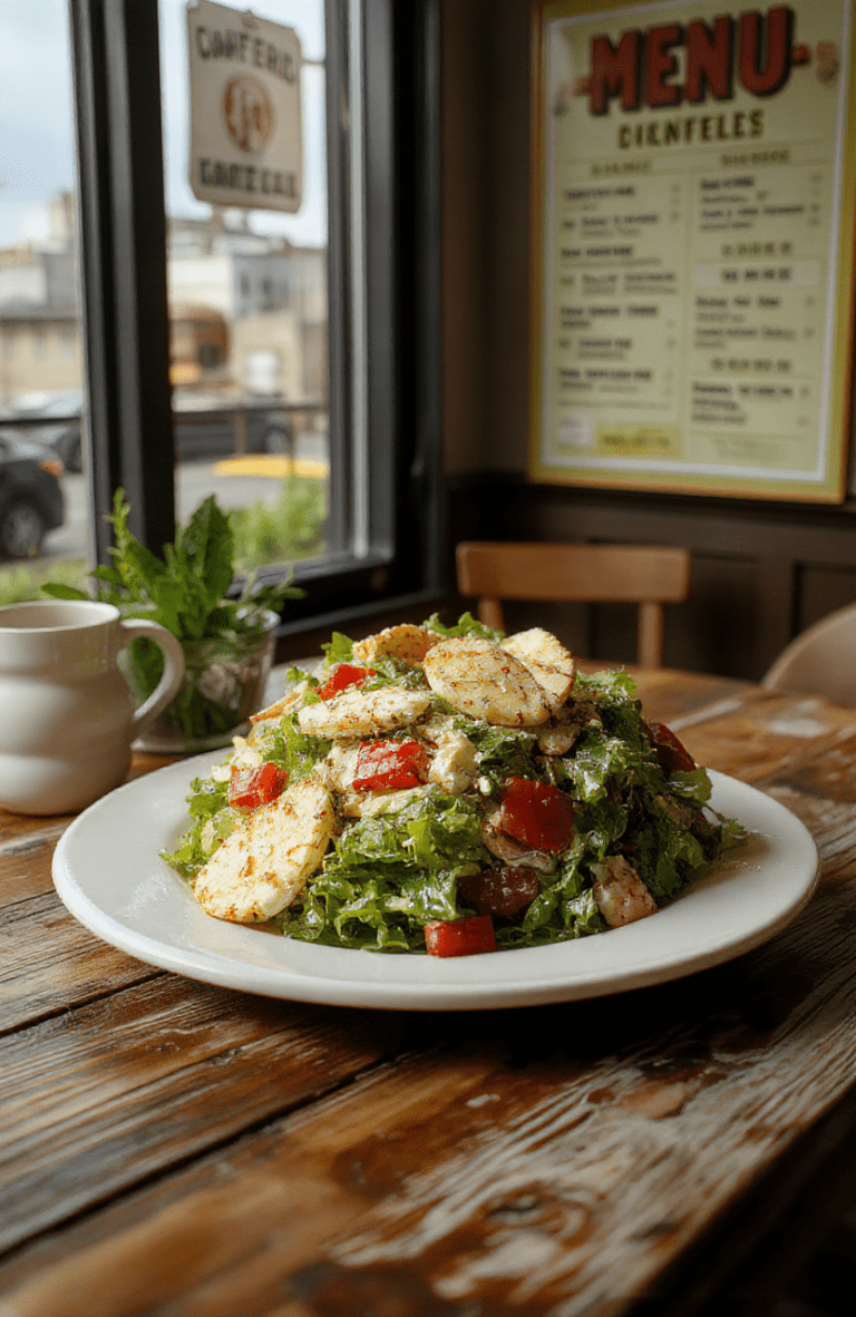 A vibrant, heaping portion of The Big Salad served in a simple white bowl on a wooden table, with crisp romaine leaves, bright red tomato slices, juicy cucumber rounds, golden onion rings, black olives, shredded cheddar cheese, and a drizzle of pale yellow dressing — fresh, colorful, and inviting.