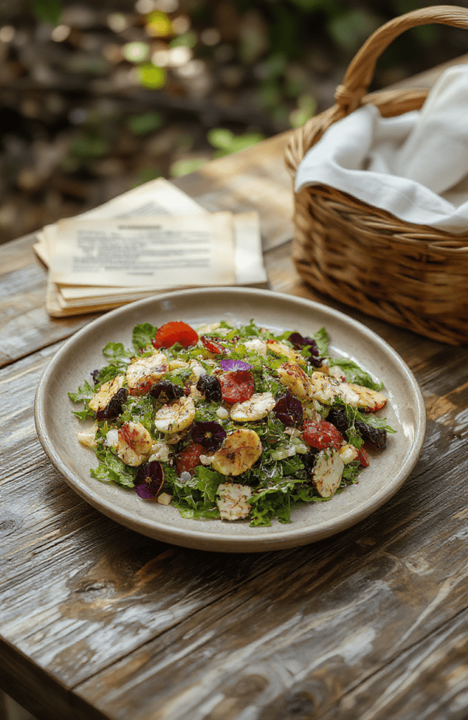 Colorful edible flower salad arranged on a rustic wooden board with lavender blossoms, pansies, violas, nasturtiums, and borage flowers, scattered with fresh herb sprigs and微型 edible petals, soft natural sunlight highlights vibrant purples, yellows, and blues against a light linen napkin background.