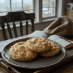 Two warm, golden-brown crumpets on a rustic wooden tray, faintly dusted with powdered sugar, resting beside a steaming cup of English breakfast tea and a small jar of strawberry jam, with a Sherlock Holmes pipe and magnifying glass nearby on a fog-dappled windowsill.