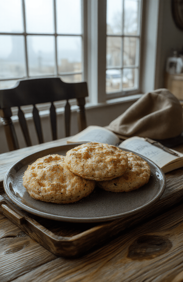 Two warm, golden-brown crumpets on a rustic wooden tray, faintly dusted with powdered sugar, resting beside a steaming cup of English breakfast tea and a small jar of strawberry jam, with a Sherlock Holmes pipe and magnifying glass nearby on a fog-dappled windowsill.
