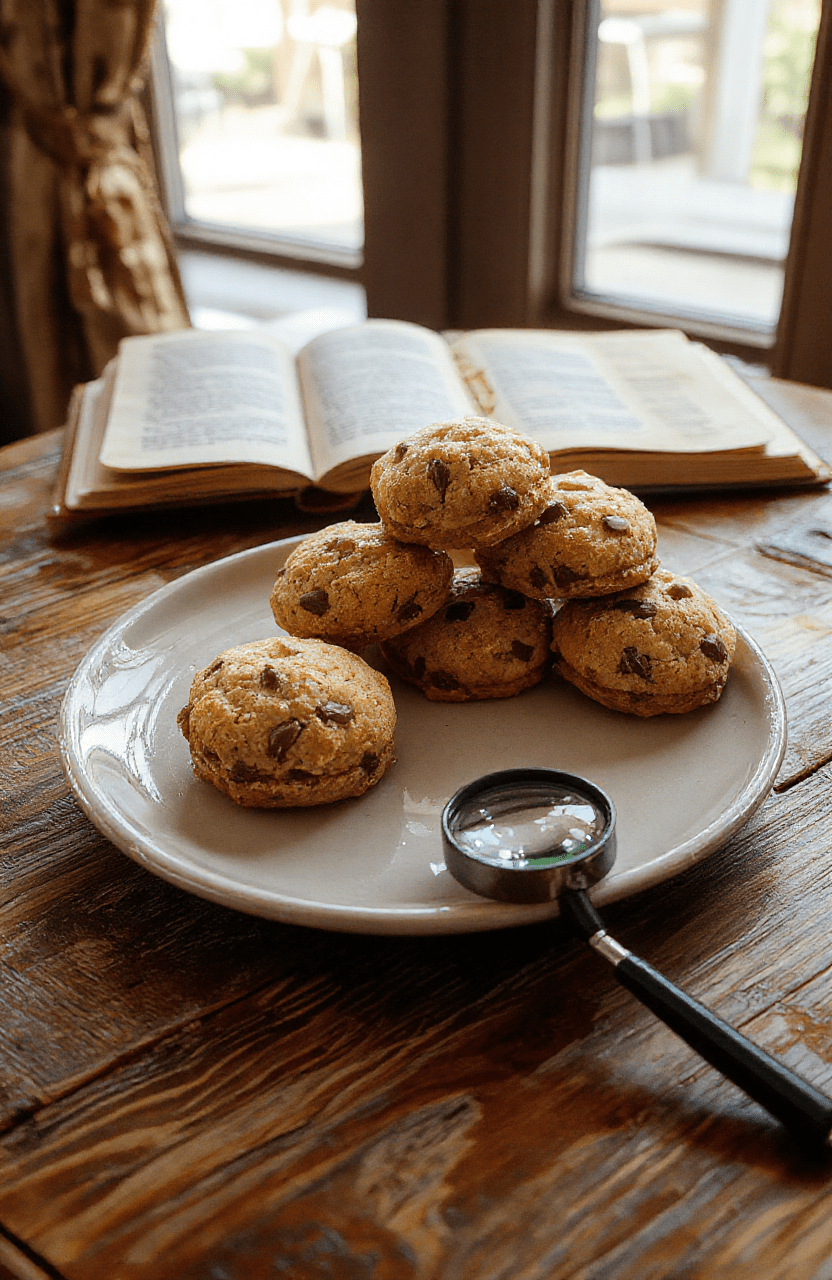Three pale golden-brown shortbread tea cakes dusted with powdered sugar, each subtly scented with Earl Grey tea, placed on a rustic oak cutting board beside a steaming cup of London Fog tea, soft natural light, shallow depth of field, cozy and elegant atmosphere.