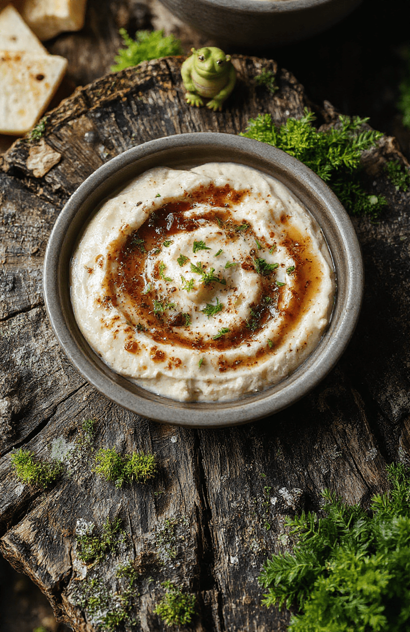 A rustic, chunky shaggy green onion dip in a mossy stone bowl with visible onion bits, chives, and parsley sprinkled on top, sitting on a damp wooden board beside a crushed ogre-shaped onion rind and swampy mushrooms.