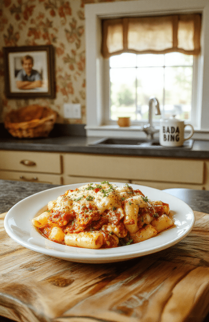 A steaming, golden-baked ziti casserole in a cast-iron skillet, bubbling with mozzarella and marinara, garnished with fresh basil, set on a rustic wooden table with subtle mafia-era signage in soft background focus.