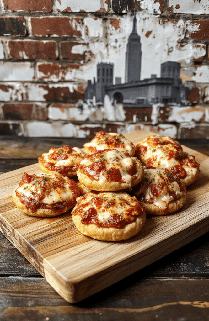 Golden-brown, slightly blistered möbius-folded pizza pockets on a crumpled paper towel-lined wooden board, oozing melted mozzarella and spicy rocoto pepper filling, dusted with red pepper flakes and fresh basil, against a subtle Brooklyn street backdrop with graffiti art and distant subway sign