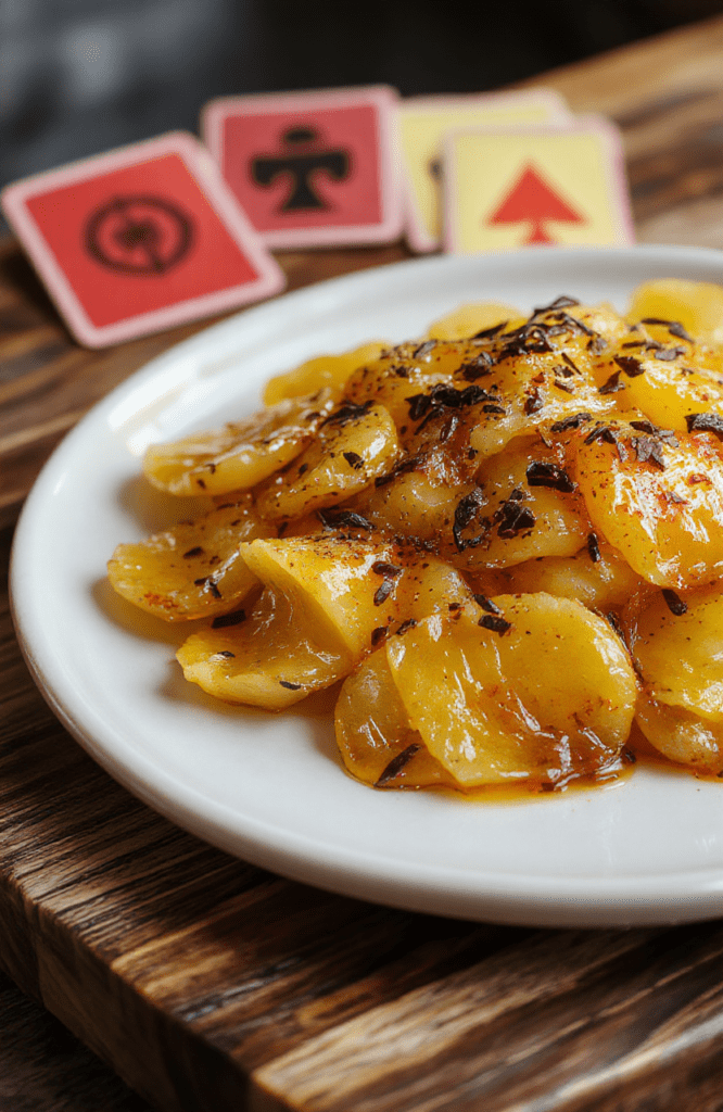 Close-up of a golden-brown honeycomb-shaped dalgona candy with a delicate cracked surface, placed on a textured dark wood surface. A pair of hands holds a sewing needle poised to trace a geometric shape (circle, triangle, star) on the candy's surface, with the logo of Squid Game subtly etched into the background. Natural light highlights the glossy, crystalline texture and caramelized edges.