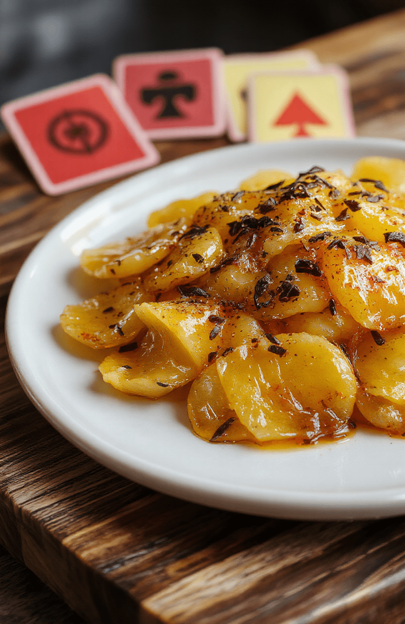 Close-up of a golden-brown honeycomb-shaped dalgona candy with a delicate cracked surface, placed on a textured dark wood surface. A pair of hands holds a sewing needle poised to trace a geometric shape (circle, triangle, star) on the candy's surface, with the logo of Squid Game subtly etched into the background. Natural light highlights the glossy, crystalline texture and caramelized edges.