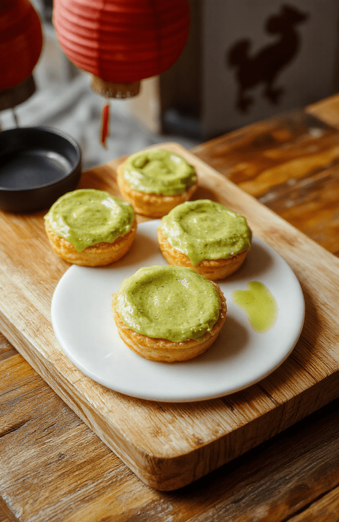Three vibrant green matcha tarts arranged on a rustic wooden board, each topped with a red cherry and dusted with matcha powder, positioned with the iconic Squid Game shapes—circle, triangle, square—cut into the crust. Soft natural light casts gentle shadows, with minimalist Scandinavian table setting in light oak and white ceramic plates in the background.