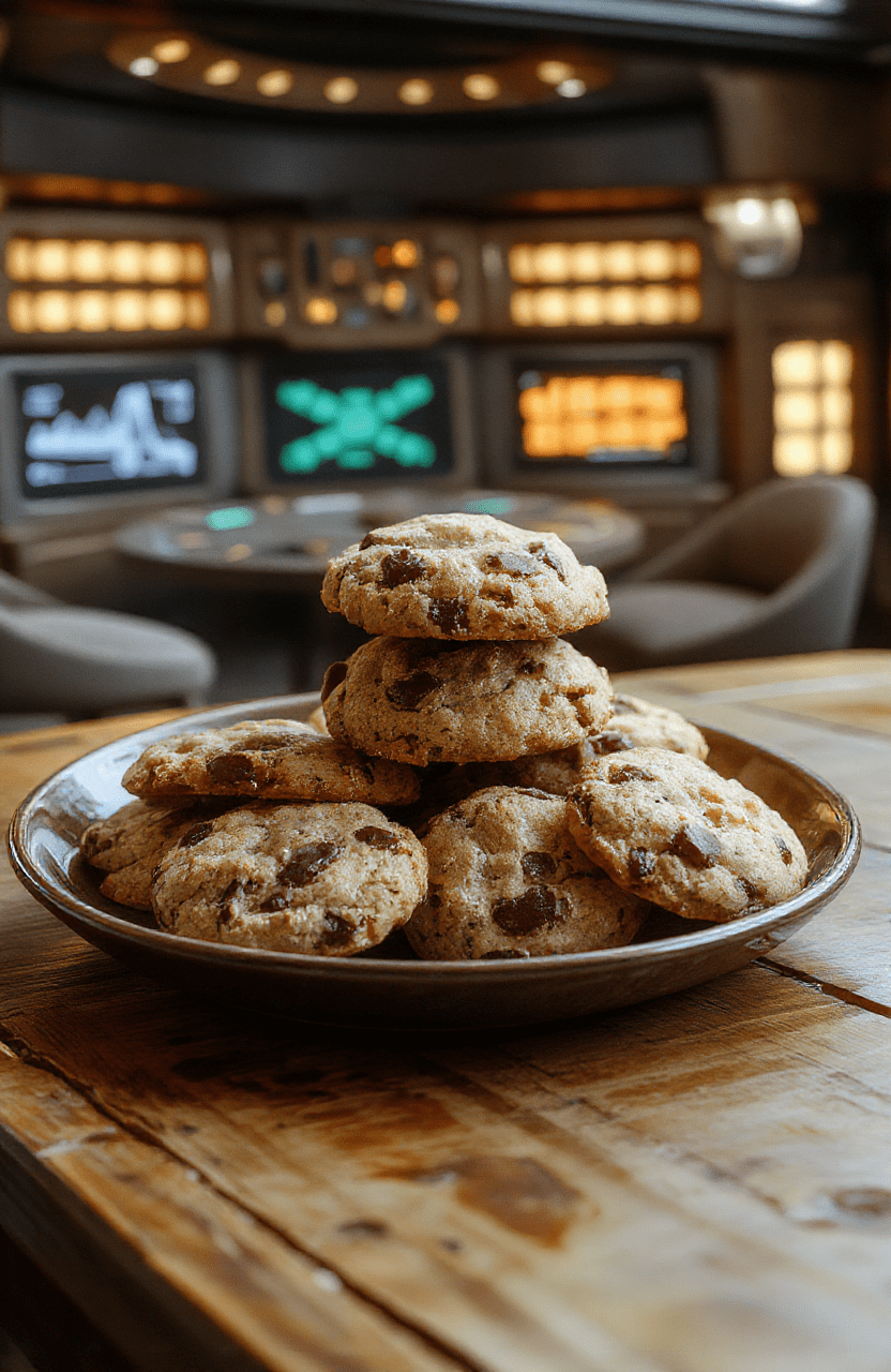 Two golden-brown, textured cookies with visible flecks of Earl Grey tea leaves and orange zest, placed on a rustic wooden tray beside a steaming cup of Earl Grey tea and a small Starfleet insignia cookie cutter. Soft natural daylight, shallow depth of field, warm tones.