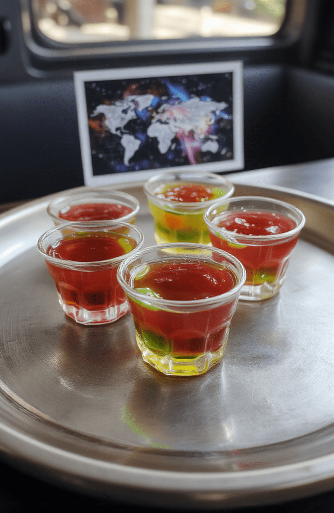 Glowing neon blue and purple jelly shots served in clear shot glasses on a metallic silver tray, with subtle starfield reflections, placed against a dark space-themed backdrop with faint star and galaxy motifs. The jellies have a glossy, translucent look with tiny edible glitter particles shimmering inside.