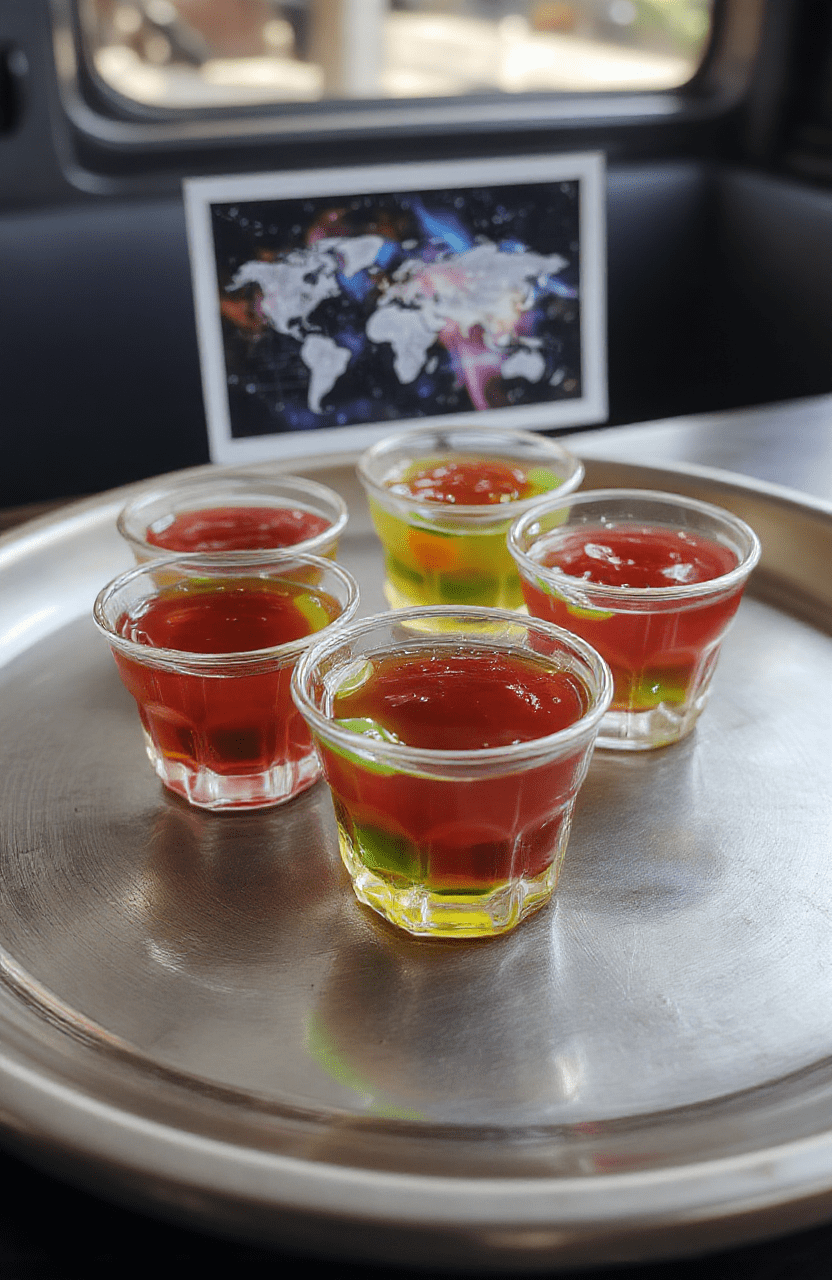 Glowing neon blue and purple jelly shots served in clear shot glasses on a metallic silver tray, with subtle starfield reflections, placed against a dark space-themed backdrop with faint star and galaxy motifs. The jellies have a glossy, translucent look with tiny edible glitter particles shimmering inside.