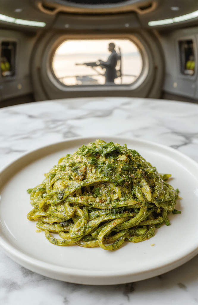Bright emerald-green pesto pasta tossed with cherry tomatoes, kalamata olives, and shaved parmesan, served in a sleek white ceramic bowl on a rustic wooden table with a metallic STAR TREK insignia napkin ring and distant starfield projection glow in soft bokeh background.