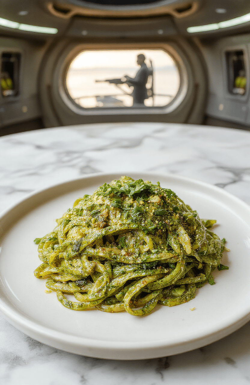 Bright emerald-green pesto pasta tossed with cherry tomatoes, kalamata olives, and shaved parmesan, served in a sleek white ceramic bowl on a rustic wooden table with a metallic STAR TREK insignia napkin ring and distant starfield projection glow in soft bokeh background.