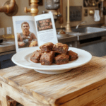 Dark, fudgy chewbacca brownies on a rustic wooden board, with visibly textured chocolate 'fur' on top, dusted with cocoa powder, occasional edible gold flakes, and a dusting of powdered sugar for a wookiee fur effect, placed on a backdrop of a cozy Rebel Base kitchen counter with subtle Star Wars memorabilia in soft focus behind.