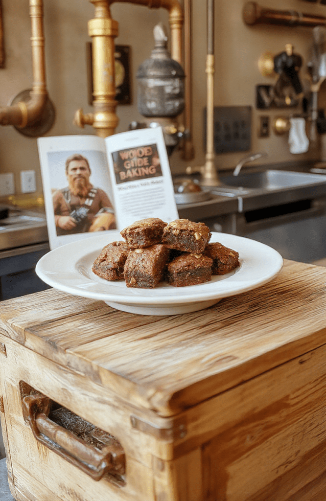 Dark, fudgy chewbacca brownies on a rustic wooden board, with visibly textured chocolate 'fur' on top, dusted with cocoa powder, occasional edible gold flakes, and a dusting of powdered sugar for a wookiee fur effect, placed on a backdrop of a cozy Rebel Base kitchen counter with subtle Star Wars memorabilia in soft focus behind.