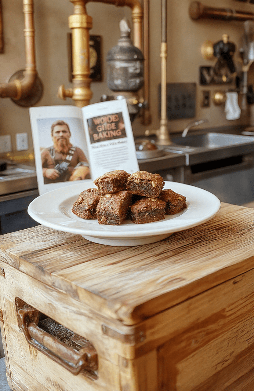 Dark, fudgy chewbacca brownies on a rustic wooden board, with visibly textured chocolate 'fur' on top, dusted with cocoa powder, occasional edible gold flakes, and a dusting of powdered sugar for a wookiee fur effect, placed on a backdrop of a cozy Rebel Base kitchen counter with subtle Star Wars memorabilia in soft focus behind.