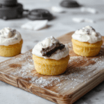 White and silver frosted cupcakes on a bed of edible snow and crushed white chocolate, with tiny Star Wars themed toppers including miniature X-wing fighter and Han Solo figure, served on a rustic wooden tray beside a frosted metal mug, under soft natural light with subtle snowflake accents