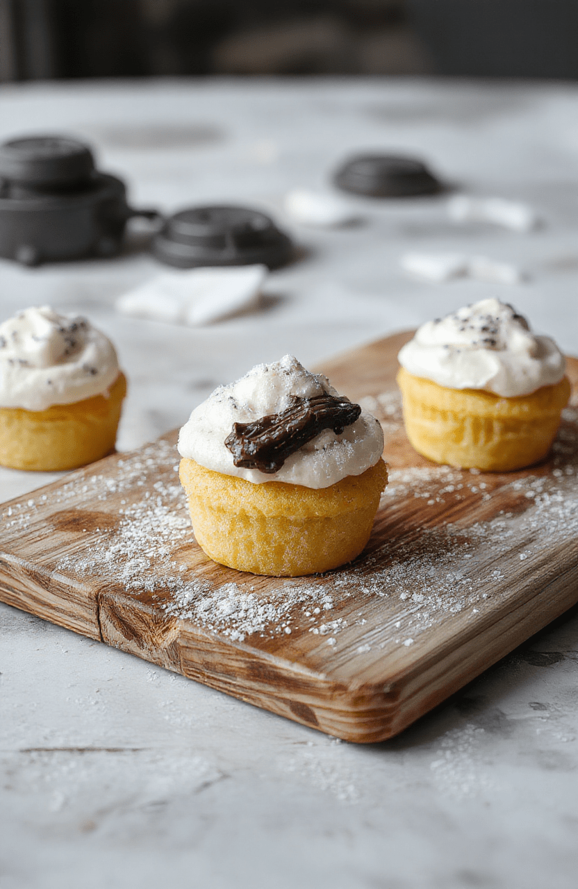 White and silver frosted cupcakes on a bed of edible snow and crushed white chocolate, with tiny Star Wars themed toppers including miniature X-wing fighter and Han Solo figure, served on a rustic wooden tray beside a frosted metal mug, under soft natural light with subtle snowflake accents