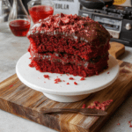 Deep red velvet cake with dark chocolate ganache drizzle, shaped like a Demogorgon's gaping maw with crimson-toppedCB sugar spikes, sitting on a rustic wooden table with Hawkins Lab residues, flickering string lights, and a faint 80s复古 lighting glow.