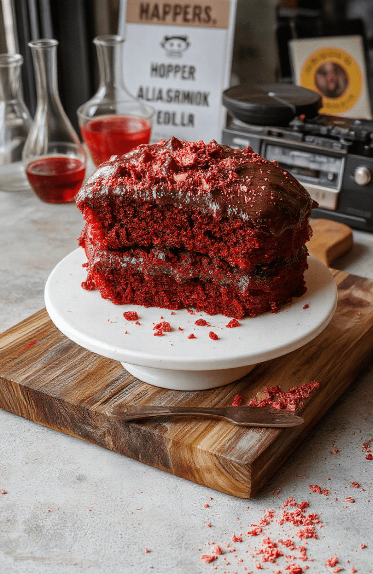 Deep red velvet cake with dark chocolate ganache drizzle, shaped like a Demogorgon's gaping maw with crimson-toppedCB sugar spikes, sitting on a rustic wooden table with Hawkins Lab residues, flickering string lights, and a faint 80s复古 lighting glow.