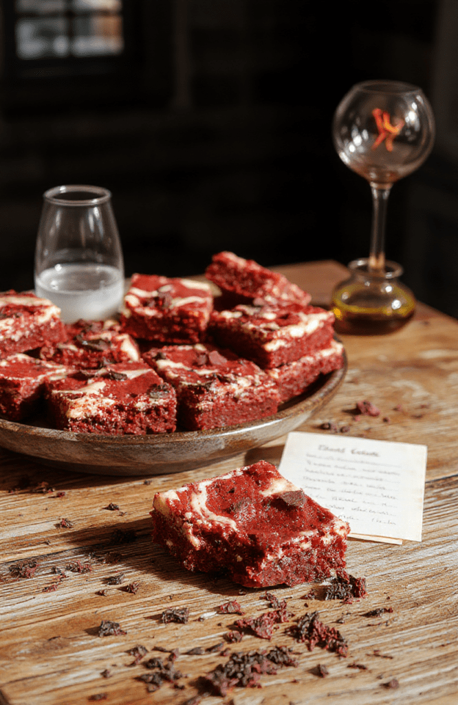 Vibrant Stranger Things themed red velvet cheesecake bars, layered with deep red cake, creamy white cheesecake swirl, and charcoal-gray Demogorgon-inspired crumb topping, cut into rustic squares, served on a rustic wooden board with subtle 'Hawkins Lab' signage and dim lab lighting