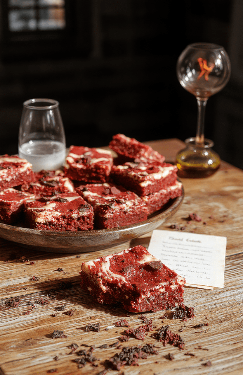 Vibrant Stranger Things themed red velvet cheesecake bars, layered with deep red cake, creamy white cheesecake swirl, and charcoal-gray Demogorgon-inspired crumb topping, cut into rustic squares, served on a rustic wooden board with subtle 'Hawkins Lab' signage and dim lab lighting