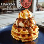 A nostalgic Eleven's Eggo waffle sundae: two golden-brown Eggo waffles topped with vanilla ice cream, warm chocolate syrup, sprinkles, fresh strawberries, and a dollop of whipped cream, arranged on a retro diner-style plate. Background shows soft focused hints of Hawkins Lab’s neon signage and a frosty window with frost patterns.