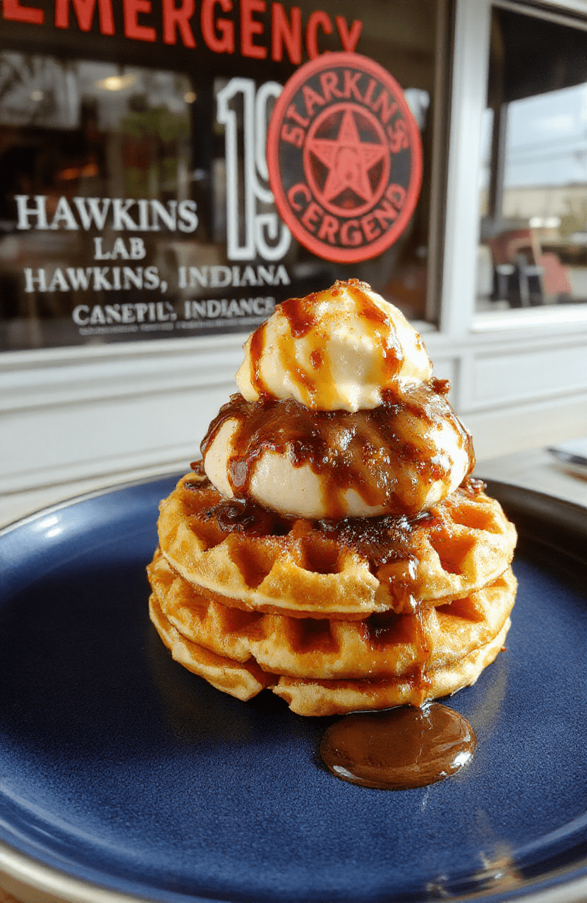 A nostalgic Eleven's Eggo waffle sundae: two golden-brown Eggo waffles topped with vanilla ice cream, warm chocolate syrup, sprinkles, fresh strawberries, and a dollop of whipped cream, arranged on a retro diner-style plate. Background shows soft focused hints of Hawkins Lab’s neon signage and a frosty window with frost patterns.