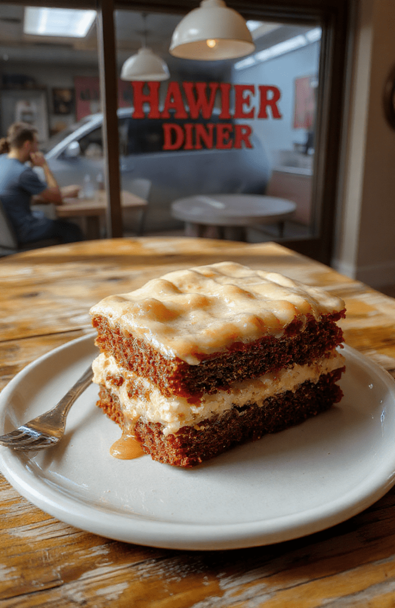A rustic, golden-brown coffee cake with a crumbly streusel topping, sitting on a wooden cutting board with a steaming mug of black coffee and a half-eaten slice on a vintage paper plate. The background hints at Hawkins, Indiana — soft-focus posters of Starcourt Mall, a flickering fluorescent light, and a faint rain streak on a window.