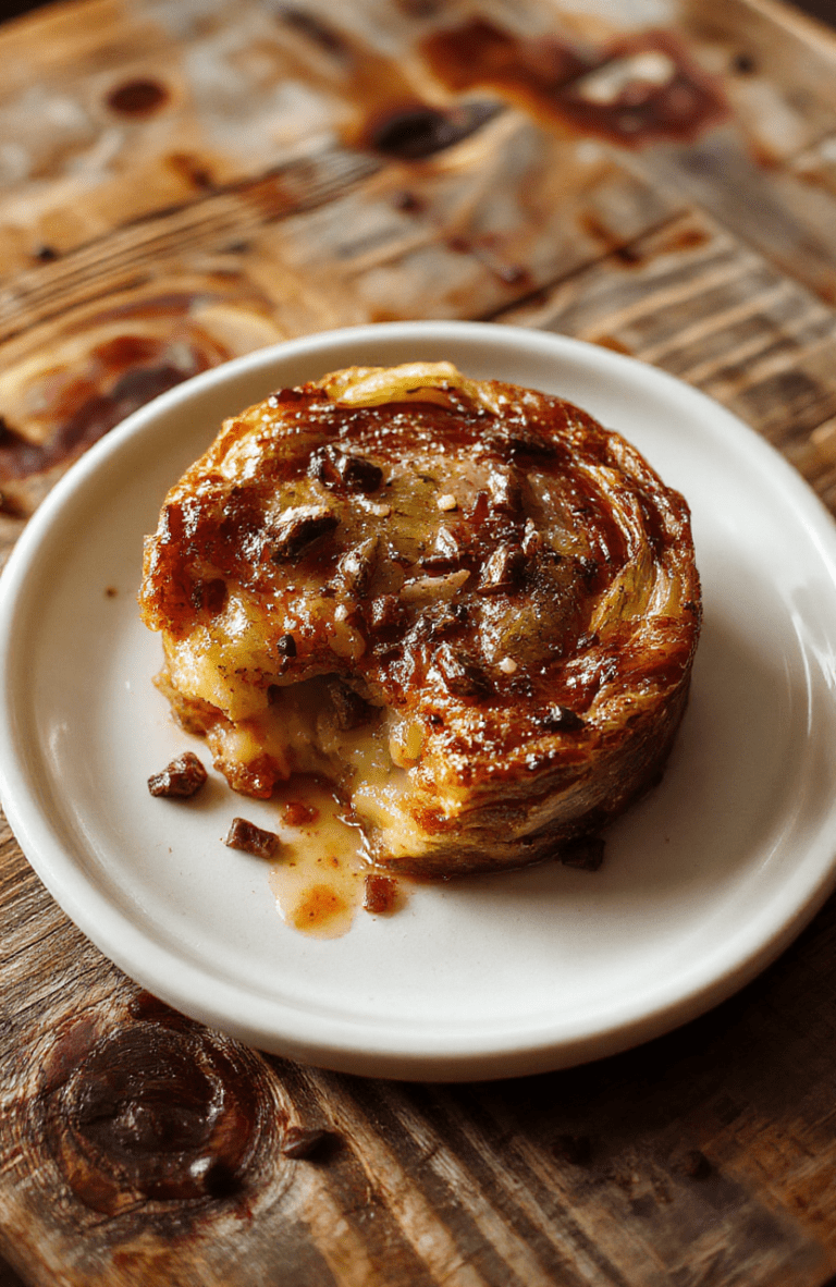 A golden-brown Upside Down Cabbage Tarte Tatin with caramelized edges, halved and arranged in concentric circles, topped with crisp, dark green cabbage leaves and roasted garlic cloves, served on a rustic wooden board with smoky backlighting and subtle steam rising, evoking eerie Hawkins lab ambiance.