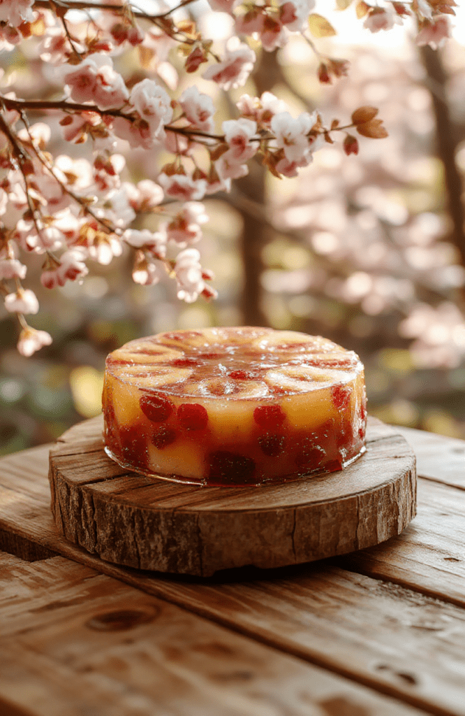 Vibrant clear fruit gelatin cake in a glass bowl, layered with colorful tropical fruits—kiwi, mango, strawberry, and lychee—suspended in glossy jelly, garnished with edible flowers and mint, on a rustic wooden board with soft daylight and shallow depth of field.