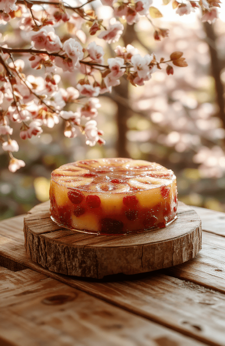 Vibrant clear fruit gelatin cake in a glass bowl, layered with colorful tropical fruits—kiwi, mango, strawberry, and lychee—suspended in glossy jelly, garnished with edible flowers and mint, on a rustic wooden board with soft daylight and shallow depth of field.