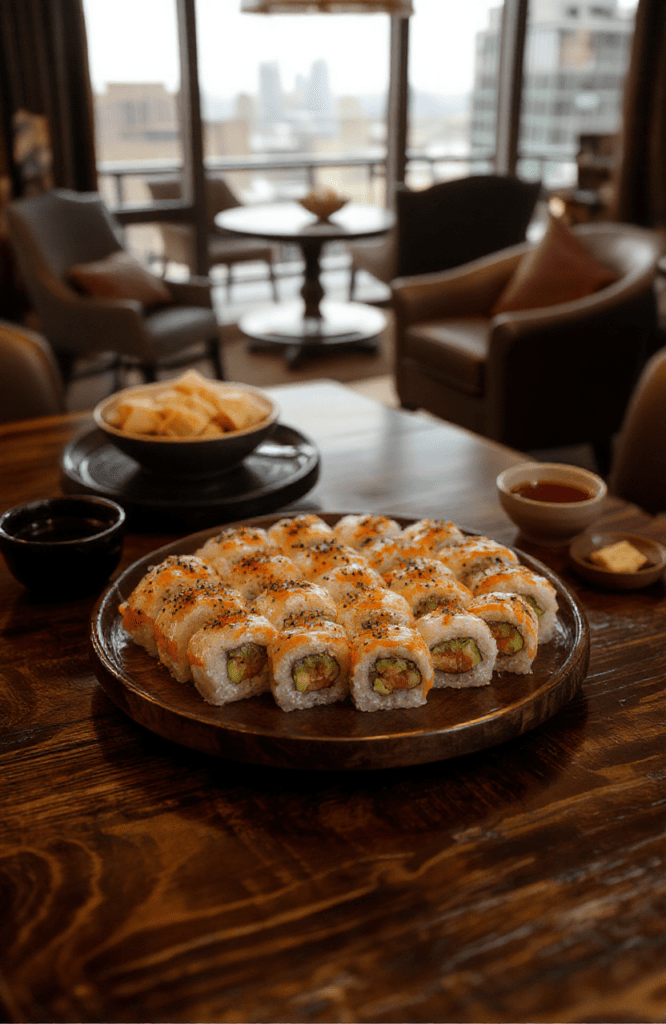 Luxurious raw fish sushi platter arranged on a black slate board with gold accents, featuring nigiri with maguro, hamachi, uni, and tamagoyaki, garnished with edible gold flakes, microgreens, and wasabi roses, set against a soft-focus mahogany table resembling a high-end restaurant or power lunch setting.