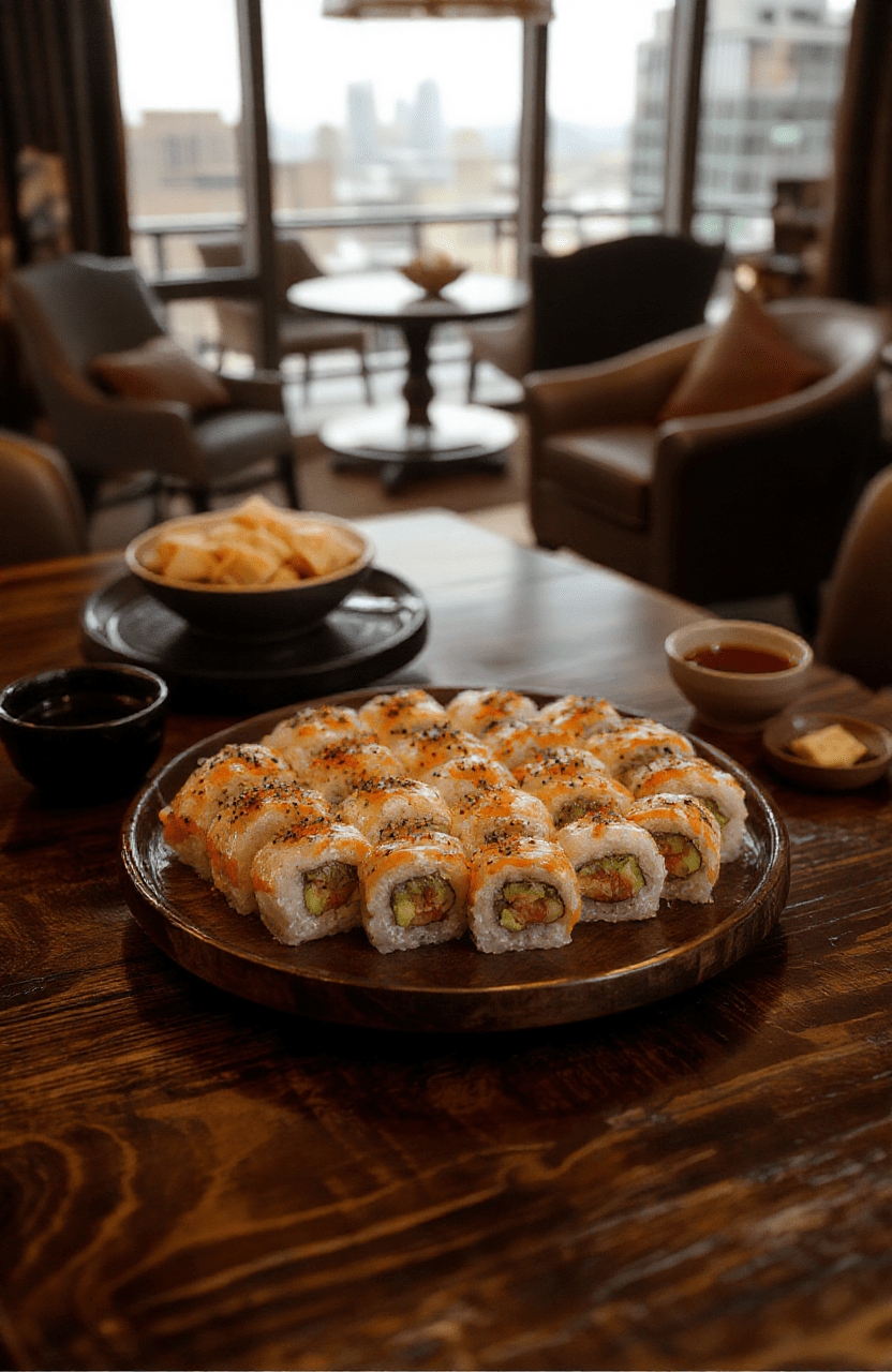 Luxurious raw fish sushi platter arranged on a black slate board with gold accents, featuring nigiri with maguro, hamachi, uni, and tamagoyaki, garnished with edible gold flakes, microgreens, and wasabi roses, set against a soft-focus mahogany table resembling a high-end restaurant or power lunch setting.