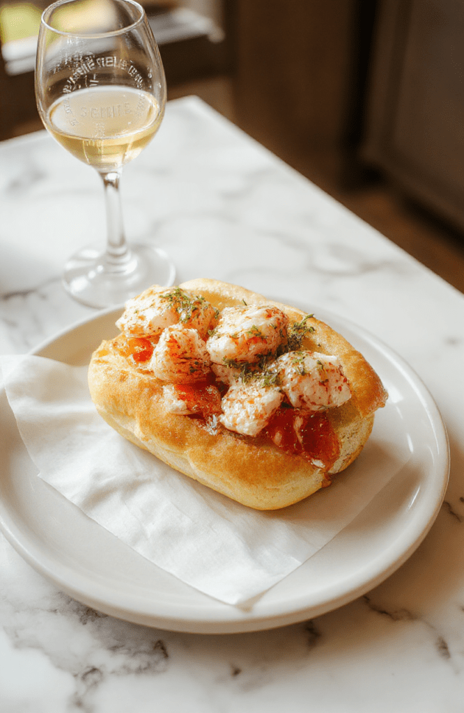 A pristine white ceramic plate holds a tender lobster roll with plump chunks of pink lobster meat tossed in light lemon-butter sauce, nestled in a lightly toasted, buttery brioche bun with flecks of chives and a squeeze of fresh lemon on the side.背景：a minimalist marble countertop with soft daylight from a window, subtle family crest embossed napkin, and a glass of chilled white wine in background.