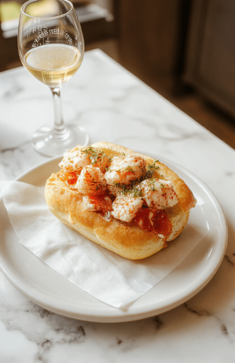 A pristine white ceramic plate holds a tender lobster roll with plump chunks of pink lobster meat tossed in light lemon-butter sauce, nestled in a lightly toasted, buttery brioche bun with flecks of chives and a squeeze of fresh lemon on the side.背景：a minimalist marble countertop with soft daylight from a window, subtle family crest embossed napkin, and a glass of chilled white wine in background.