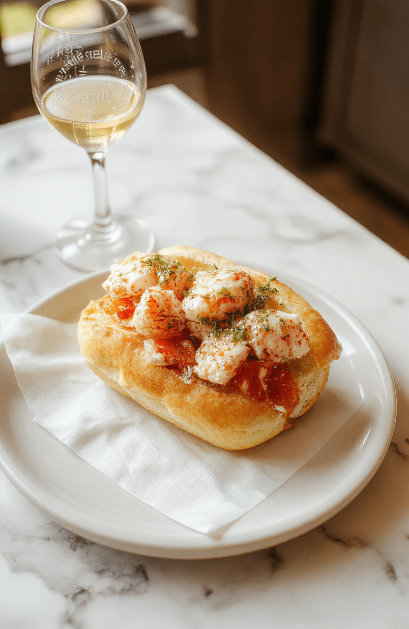 A pristine white ceramic plate holds a tender lobster roll with plump chunks of pink lobster meat tossed in light lemon-butter sauce, nestled in a lightly toasted, buttery brioche bun with flecks of chives and a squeeze of fresh lemon on the side.背景：a minimalist marble countertop with soft daylight from a window, subtle family crest embossed napkin, and a glass of chilled white wine in background.