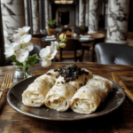 Elegant silver platter holding perfectly rolled cabbage leaves filled with savory ground beef and rice, topped with glistening oscietra caviar, garnished with dill and lemon zest, served on a crisp white linen tablecloth with gold cutlery and crystal glass in soft focused lighting.
