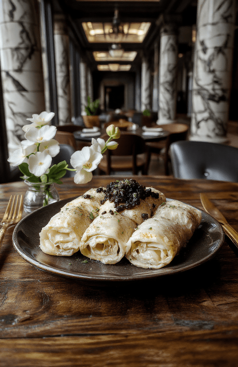 Elegant silver platter holding perfectly rolled cabbage leaves filled with savory ground beef and rice, topped with glistening oscietra caviar, garnished with dill and lemon zest, served on a crisp white linen tablecloth with gold cutlery and crystal glass in soft focused lighting.