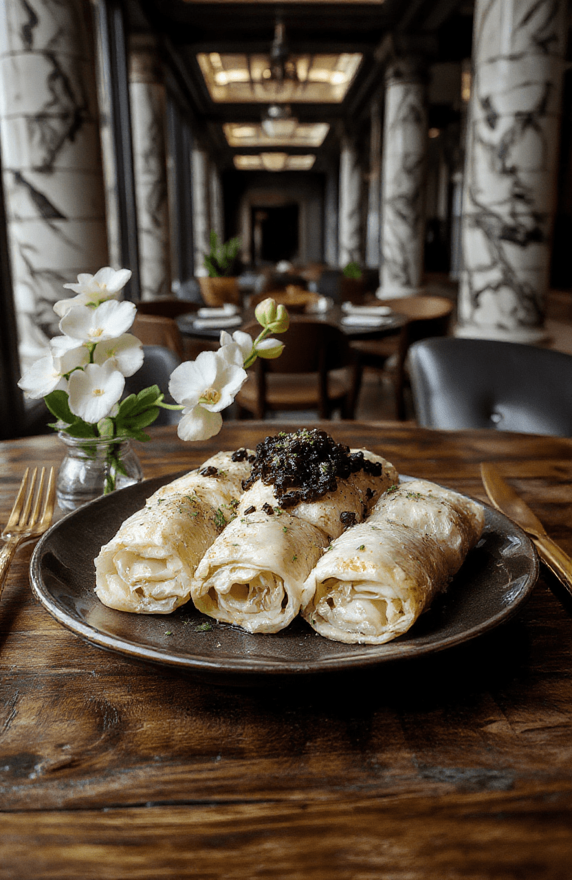 Elegant silver platter holding perfectly rolled cabbage leaves filled with savory ground beef and rice, topped with glistening oscietra caviar, garnished with dill and lemon zest, served on a crisp white linen tablecloth with gold cutlery and crystal glass in soft focused lighting.