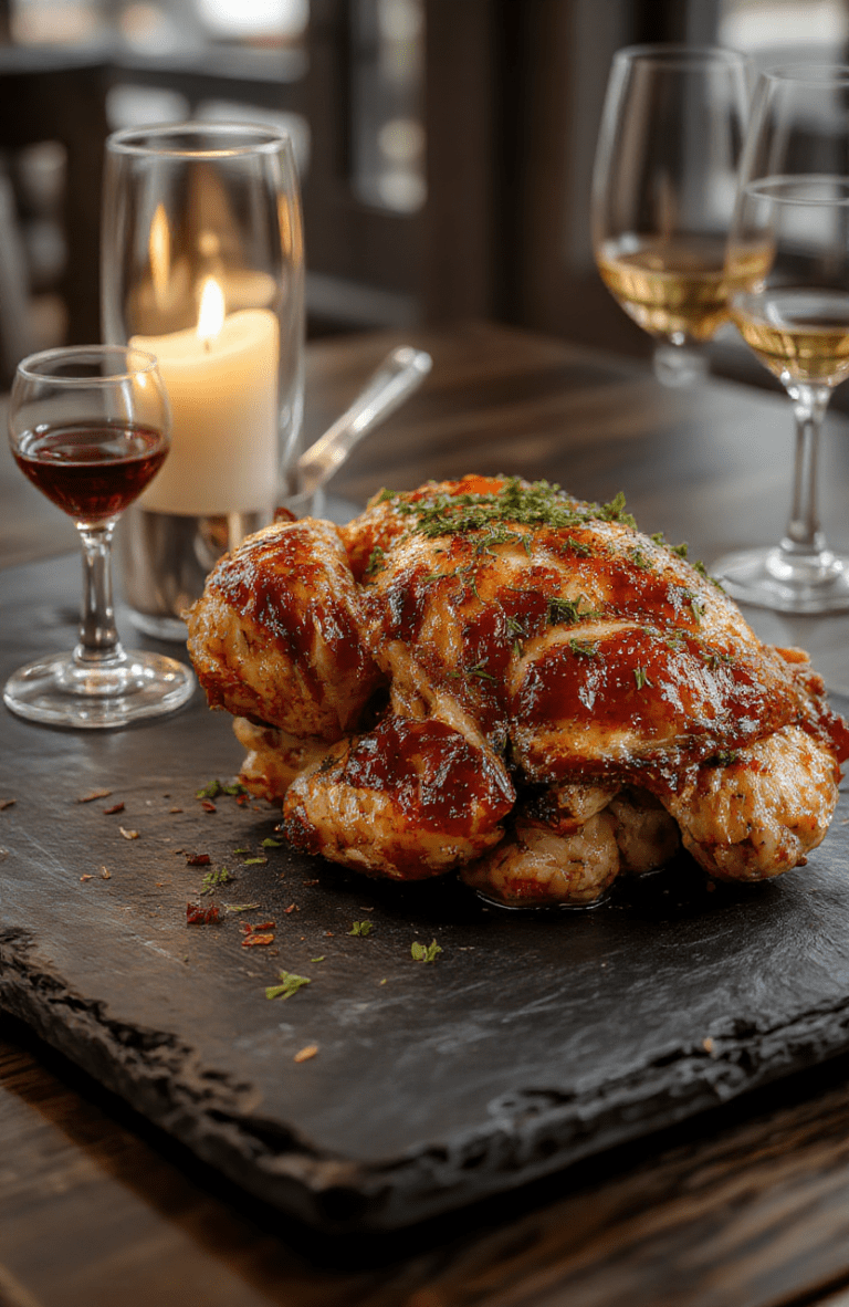 A golden-brown roasted chicken盘 on a rustic wooden board, skin blistered and glossy, arranged with seared lemons and fresh thyme sprigs, subtle smoke rising, dramatic soft lighting, cinematic moody shadows, on a dark charcoal slate background.