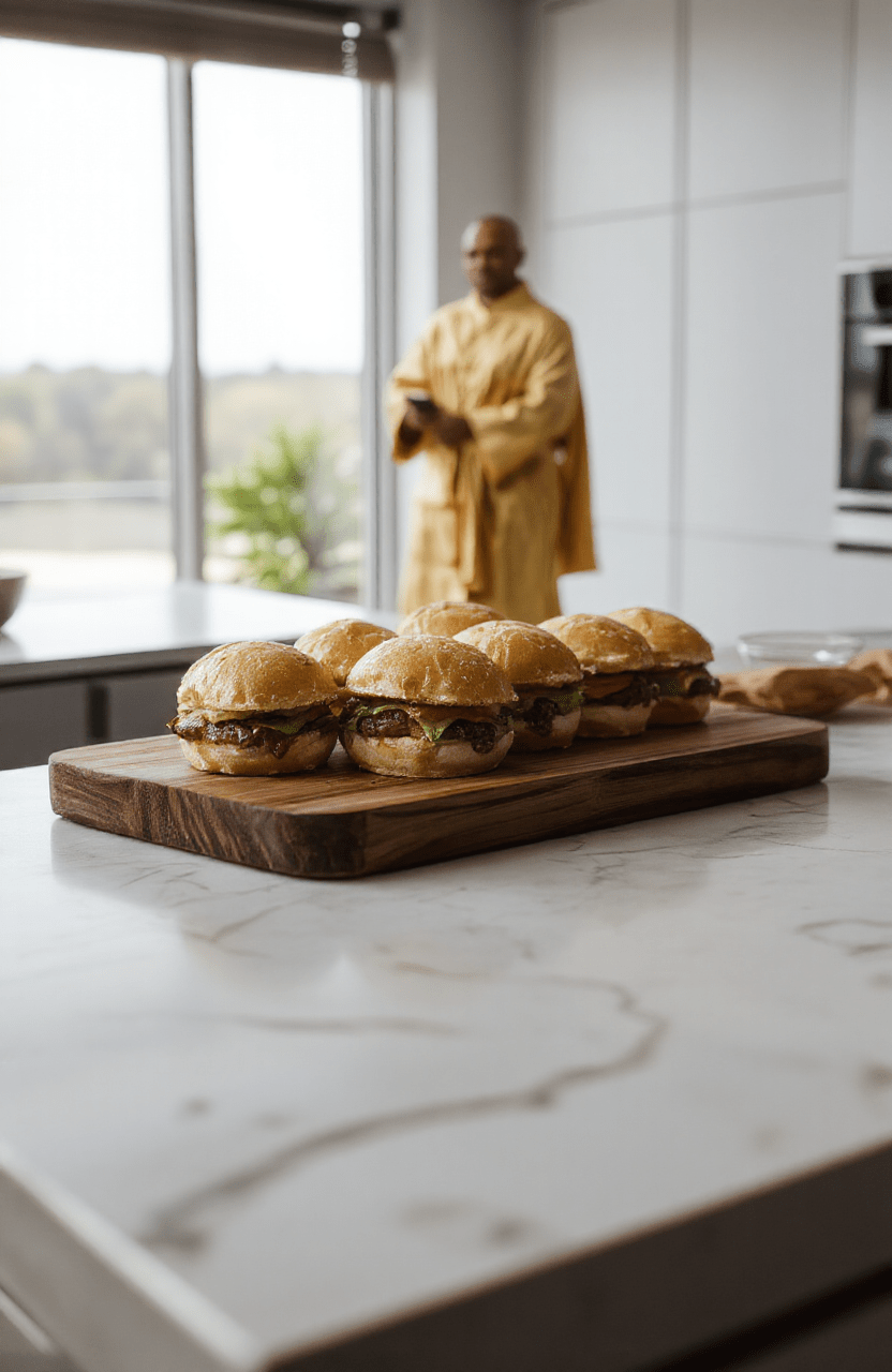 Three small gourmet beef sliders on toasted brioche buns, topped with a thin sheet of edible gold leaf, served on a rustic wooden board with a matte black background. Each slider features a juicy beef patty, melted Gruyère cheese, caramelized onions, and arugula. A small drizzle of truffle aioli spills slightly at the base. Lighting is soft and warm, highlighting the metallic shimmer of the gold leaf and the textures of the ingredients.