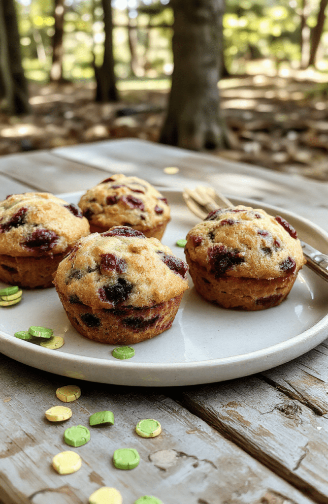 Vibrant blueberry muffins with swirls of deep indigo buttercream resembling the spiked texture of a Super Mario blue shell, dusted with edible shimmer and topped with white chocolate cherry bombs for contrast, sitting on a rustic wooden tray with greenery and subtle Mario-themed props like a tiny golden coin and a 1-Up mushroom.